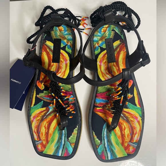 FARM Rio Shoes - Farm Rio Black Banana Beaded Flat Sandal 9